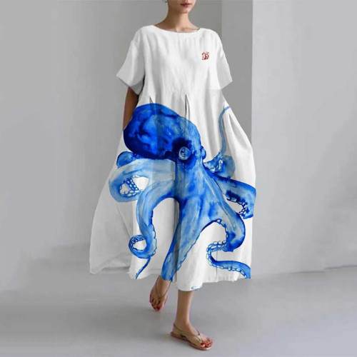Beach Holiday Deep-Sea Octopus Pattern Linen Women's Dress