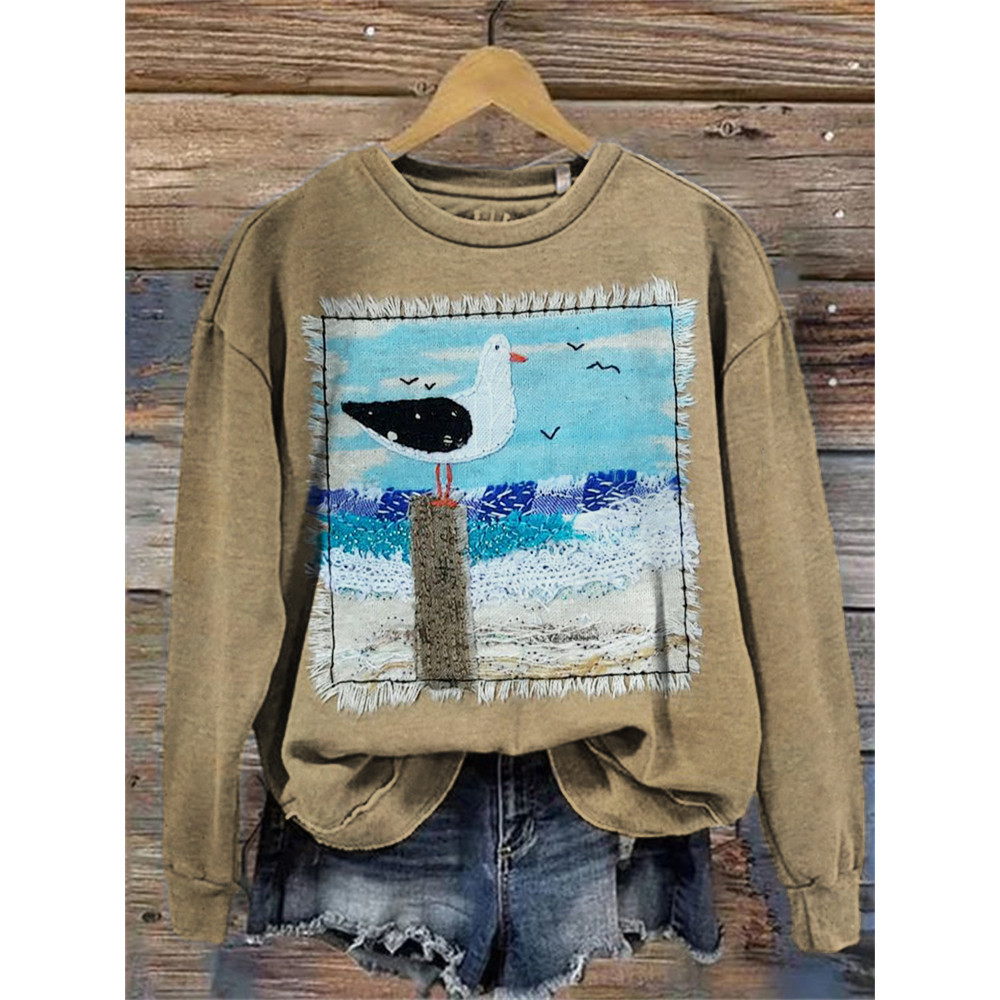 Beach Seagulls Fiber Art Cozy Sweatshirt