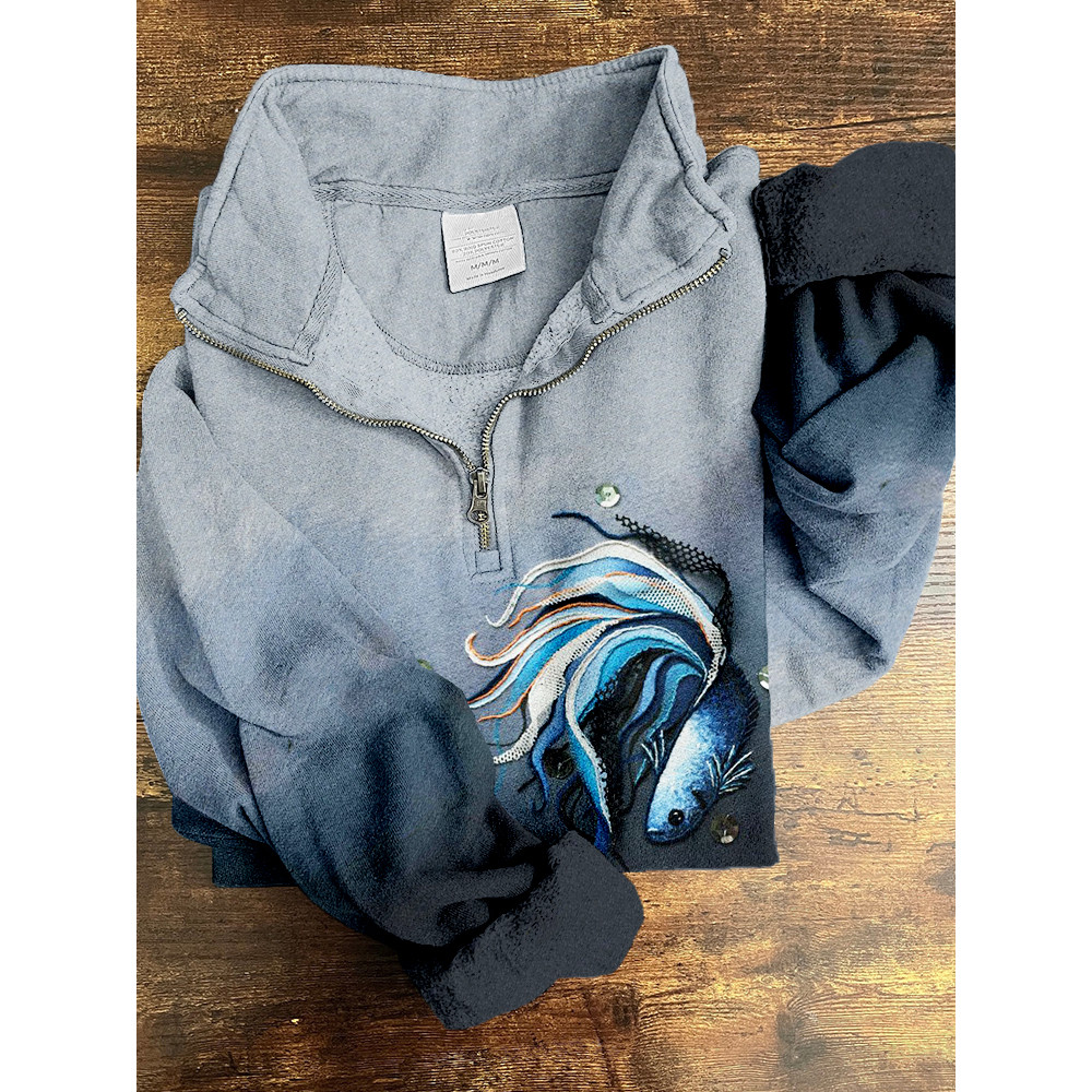 Beautiful Fighting Fish Embroidery Gradient Zip Up Sweatshirt
