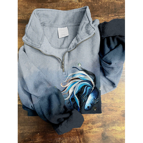 Beautiful Fighting Fish Embroidery Gradient Zip Up Sweatshirt