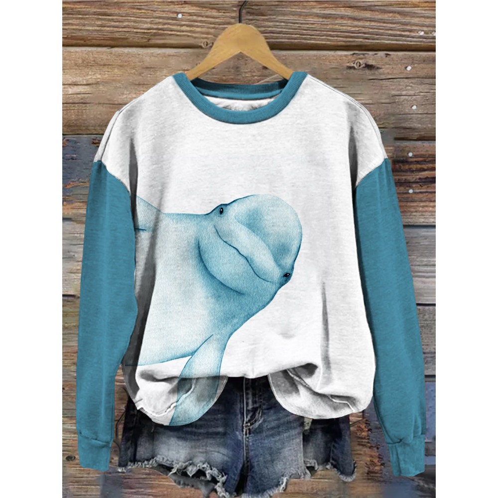 Beluga Whale Watercolor Art Contrast Sleeve Cozy Sweatshirt