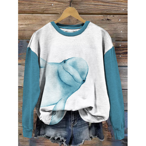 Beluga Whale Watercolor Art Contrast Sleeve Cozy Sweatshirt