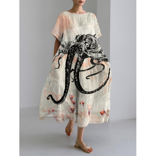 Black Octopus & Floral Print Linen Blend Maxi Dress
