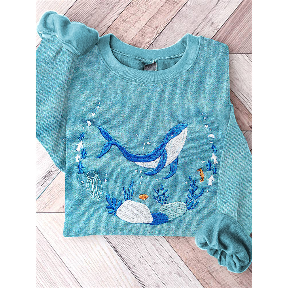Blue Ocean Whale Print Cotton Cozy Sweatshirt