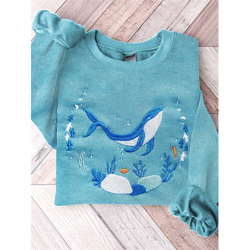 Blue Ocean Whale Print Cotton Cozy Sweatshirt