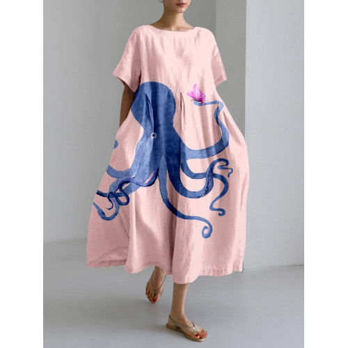Blue Octopus and Butterfly Art Linen Blend Maxi Dress