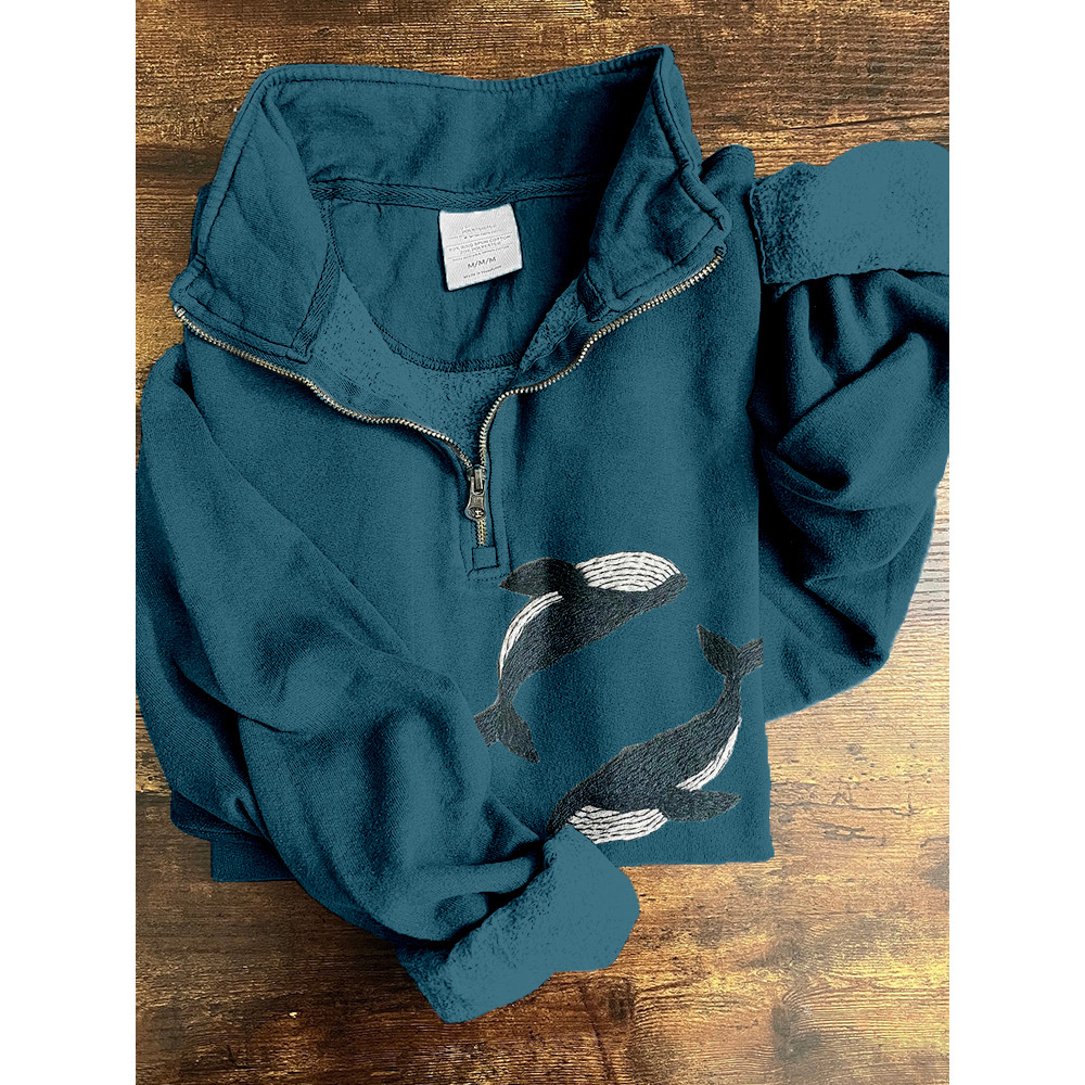 Blue Whale Embroidery Art Comfy Zip Up Sweatshirt