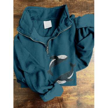 Blue Whale Embroidery Art Comfy Zip Up Sweatshirt