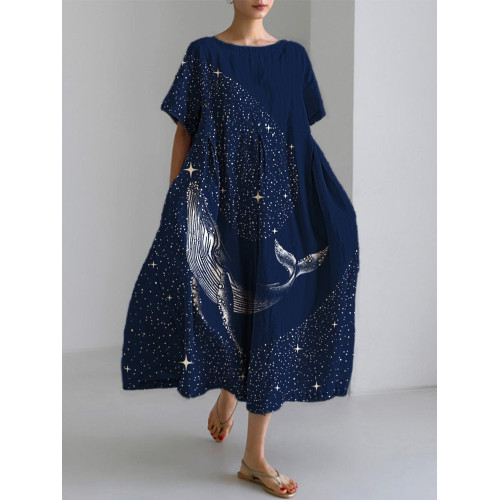 Blue Whale Print Linen Blend Casual Dress