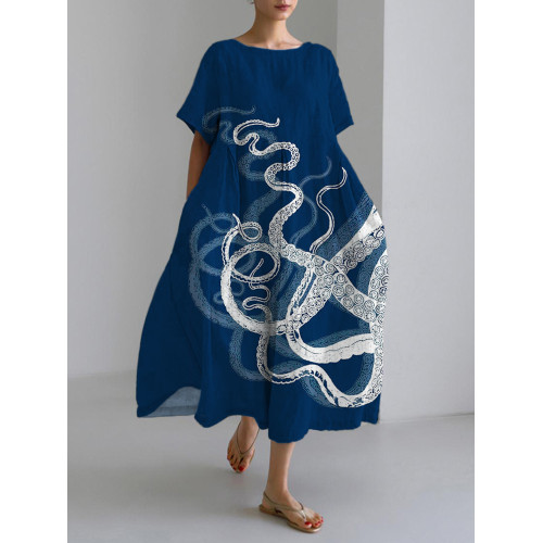 Blue & White Octopus Tentacle Print Linen Blend Maxi Dress