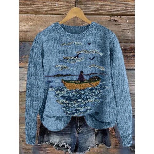 Boat & Seascape Embroidery Art Cozy Knit Sweater