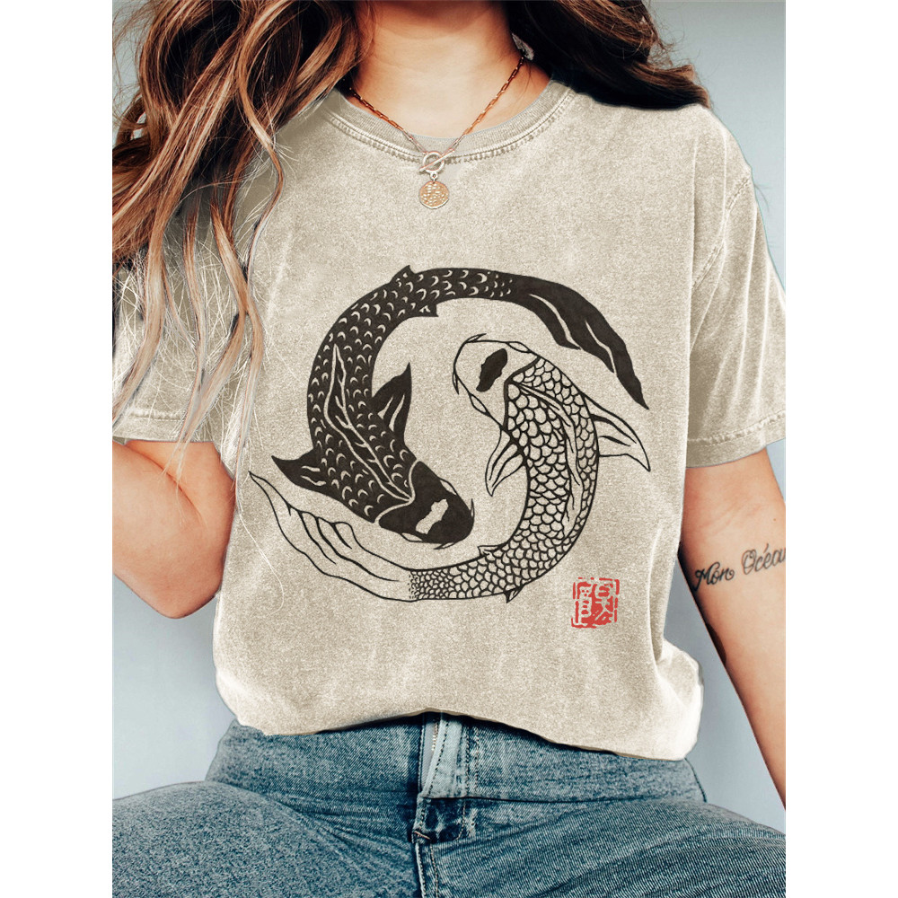 Carp Fish Contrast Japanese Lino Art Vintage T Shirt