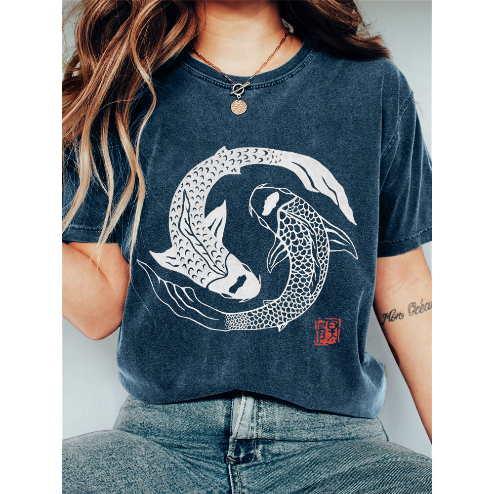 Carp Fish Contrast Japanese Lino Art Vintage T Shirt