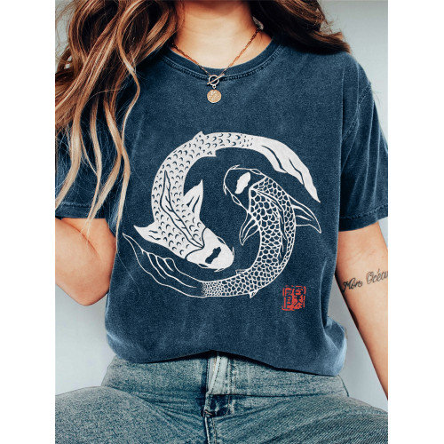 Carp Fish Contrast Japanese Lino Art Vintage T Shirt