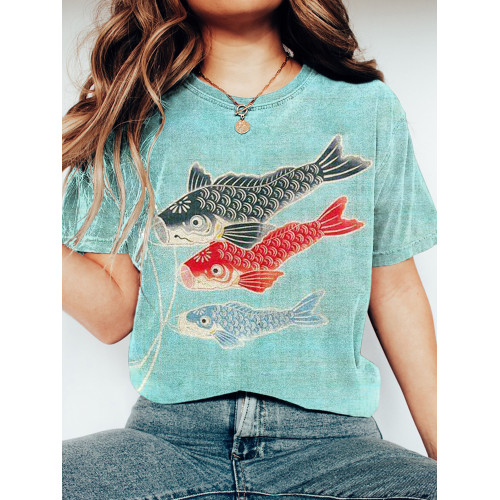 Carp Flag Japanese Art Washed Cotton Short Sleeve T-Shirt