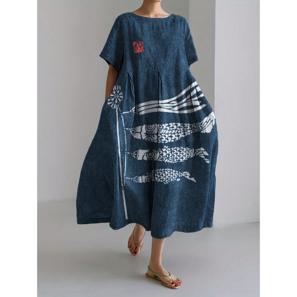 Carp Streamer Koinobori Japanese Lino Art Linen Blend Maxi Dress