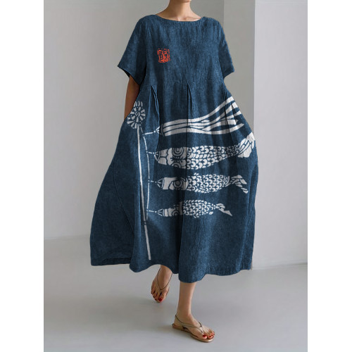Carp Streamer Koinobori Japanese Lino Art Linen Blend Maxi Dress