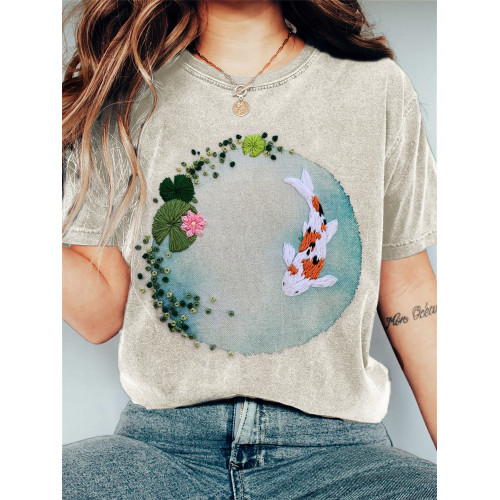 Carp in Lotus Pond Embroidered Vintage T Shirt