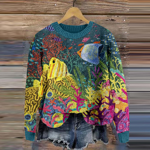 Casual Crew Neck Ocean Fish Knitted Pullover Sweater