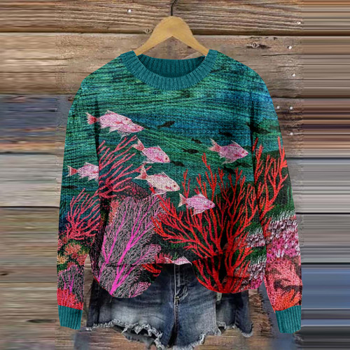Casual Crew Neck Ocean Graphics Knitted Pullover Sweater