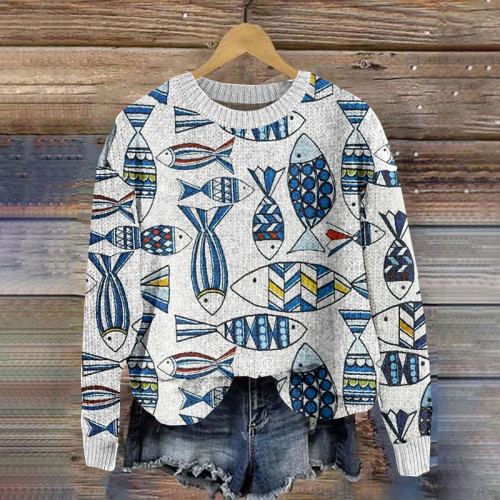 Casual Fish Print Long Sleeve Round Neck Sweater