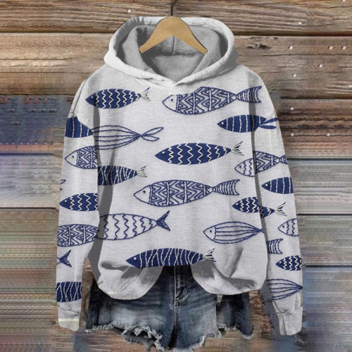 Casual Fishes Print Long Sleeve Hoodie