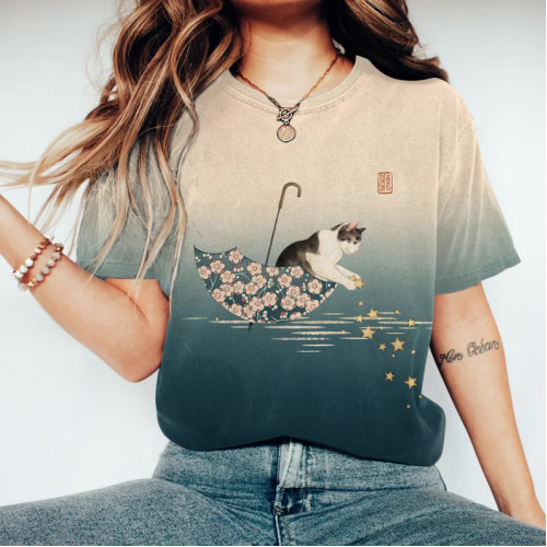 Casual Japanese Art Cat Flower Umbrella Print Round Neck T-Shirt