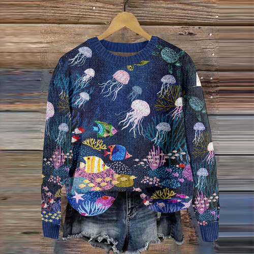 Casual Marine Animal Print Long Sleeve Sweater