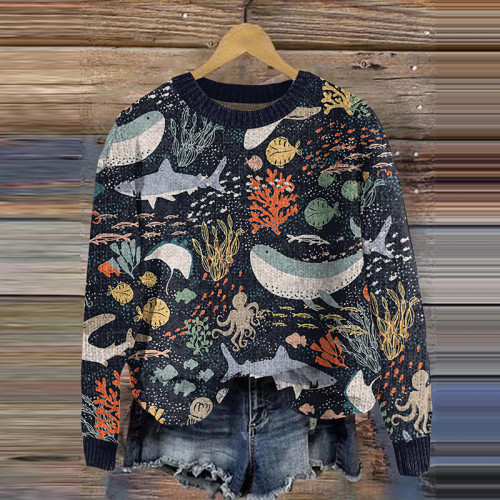 Casual Ocean Animals Pattern Pullover Sweater