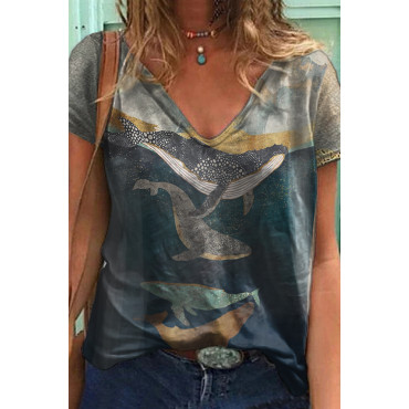 Casual Oil Painting Whale Print T-Shirt