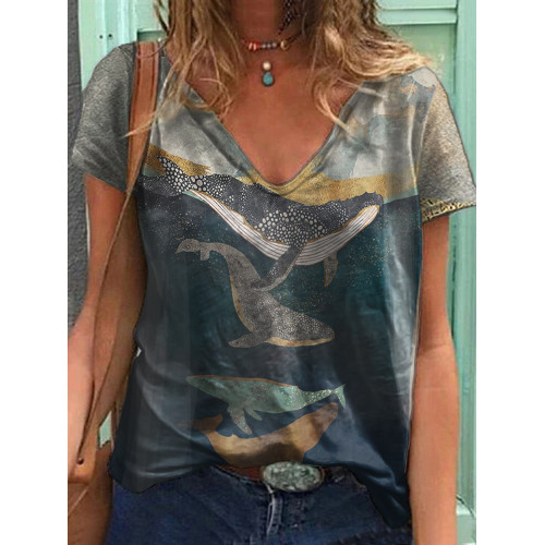 Casual Oil Painting Whale Print T-Shirt