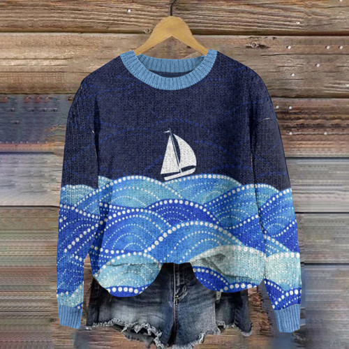 Casual Sailboat Wave Print Knitted Sweater