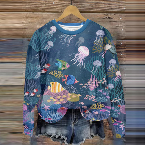 Casual Sea Animal Print Round Neck Long Sleeve Sweatshirt