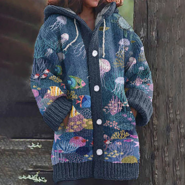 Casual Sea Animal Printed Knitted Cozy Hooded Cardigan