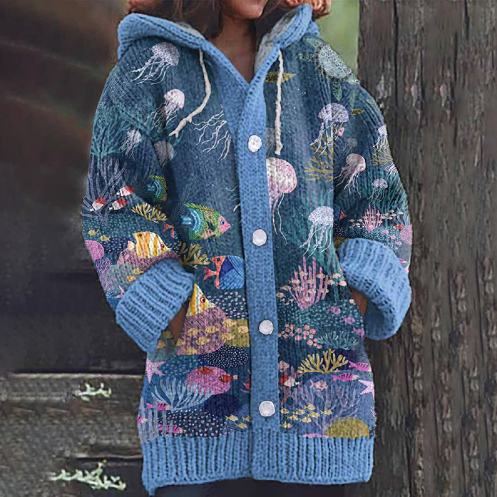 Casual Sea Animal Printed Knitted Cozy Hooded Cardigan