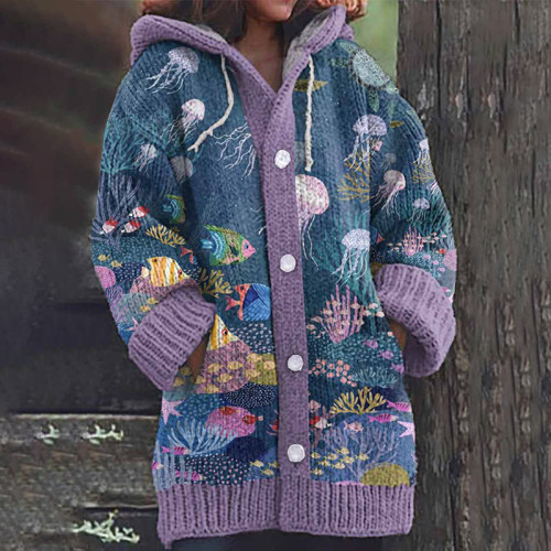 Casual Sea Animal Printed Knitted Cozy Hooded Cardigan