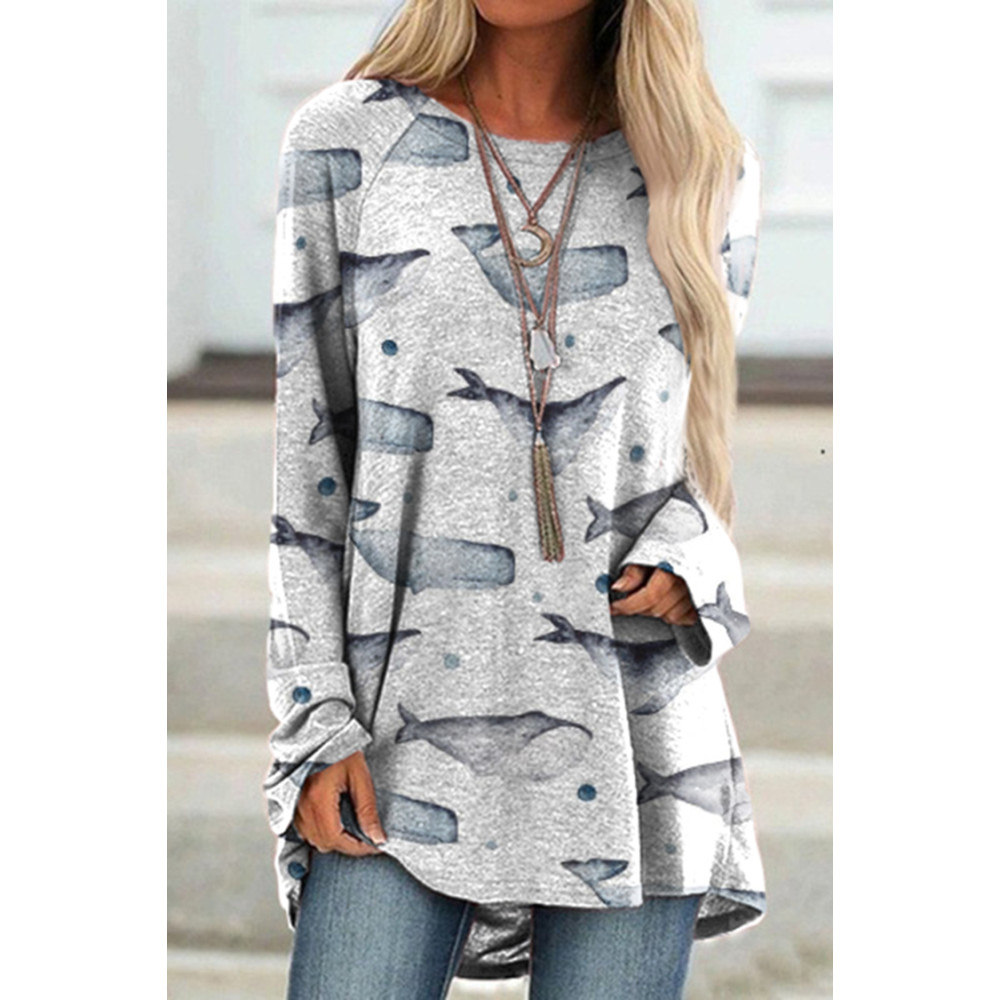 Casual Whale Print Crew Neck Tunic