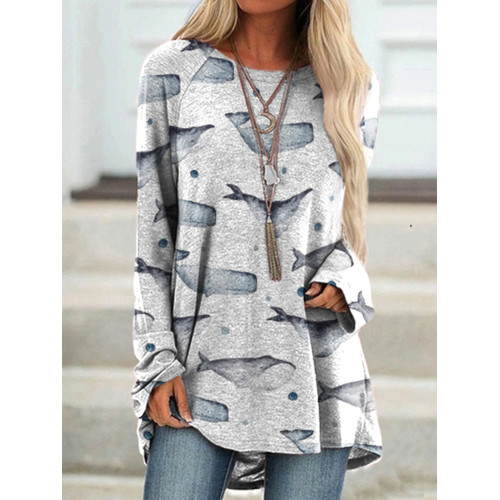 Casual Whale Print Crew Neck Tunic