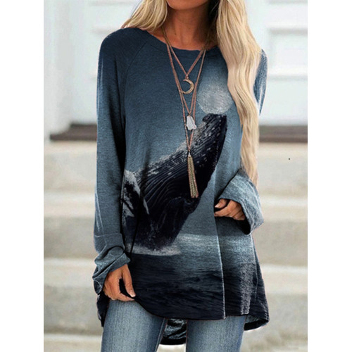 Casual Whale Print Long Sleeve Tunic