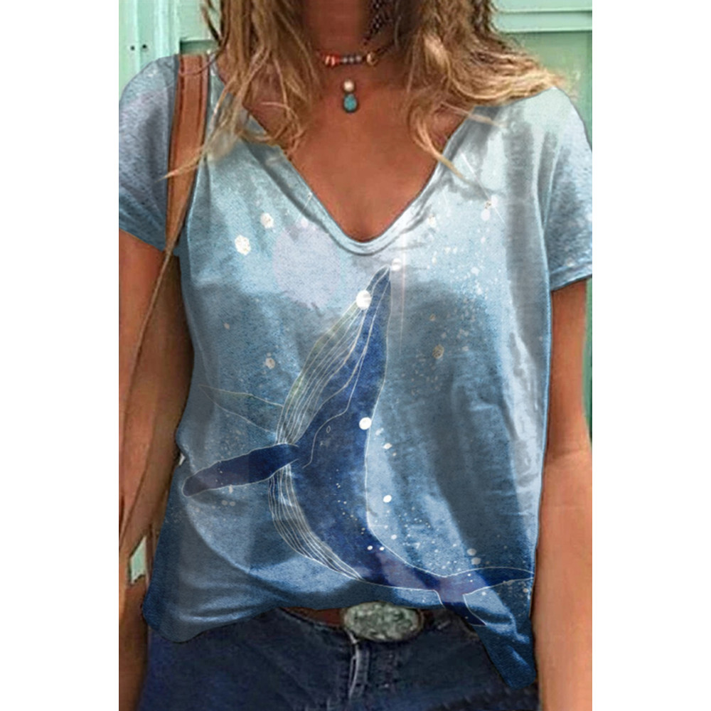 Casual Whale Print V-Neck T-Shirt