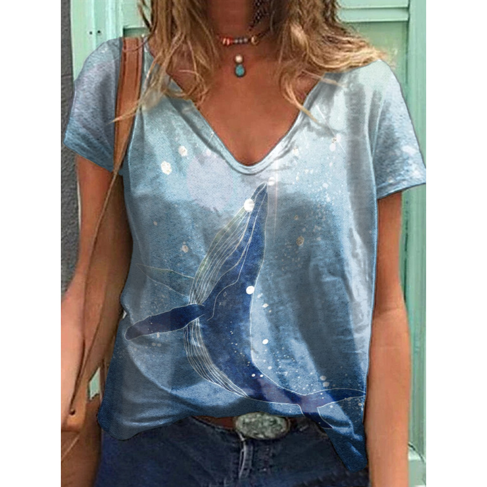Casual Whale Print V-Neck T-Shirt