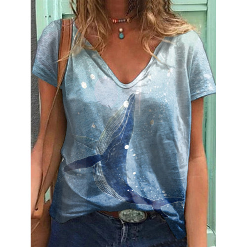Casual Whale Print V-Neck T-Shirt