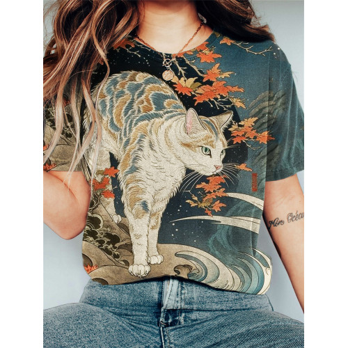 Cat on Sea Waves Japanese Art Vintage T Shirt