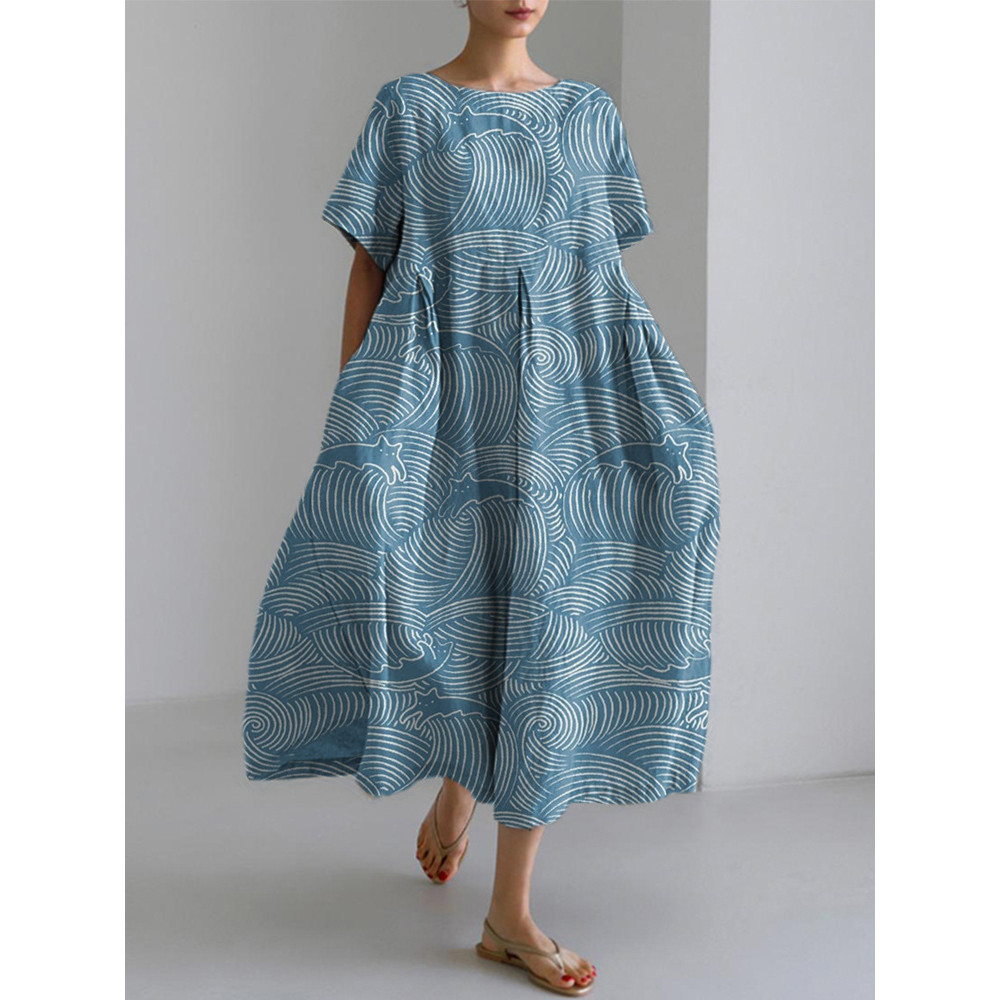 Cats & Waves Pattern Linen Blend Midi Dress