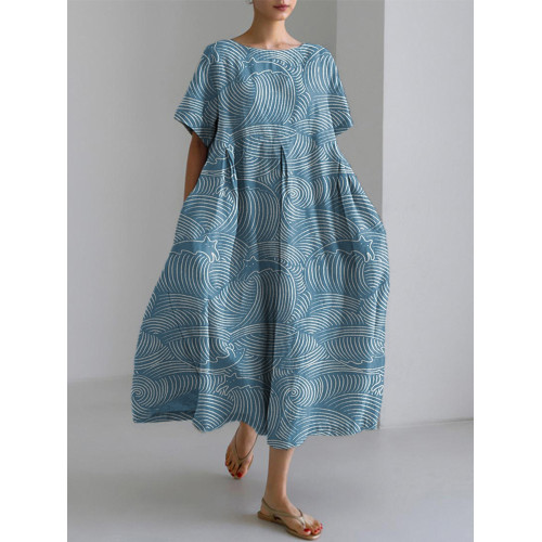 Cats & Waves Pattern Linen Blend Midi Dress