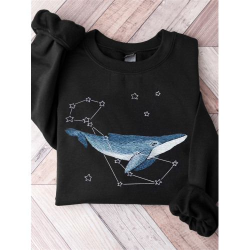 Celestial Whale Embroidery Art Comfy Sweatshirt
