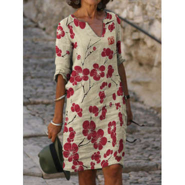 Cherry Blossom Japanese Lino Notch Neck Midi Dress