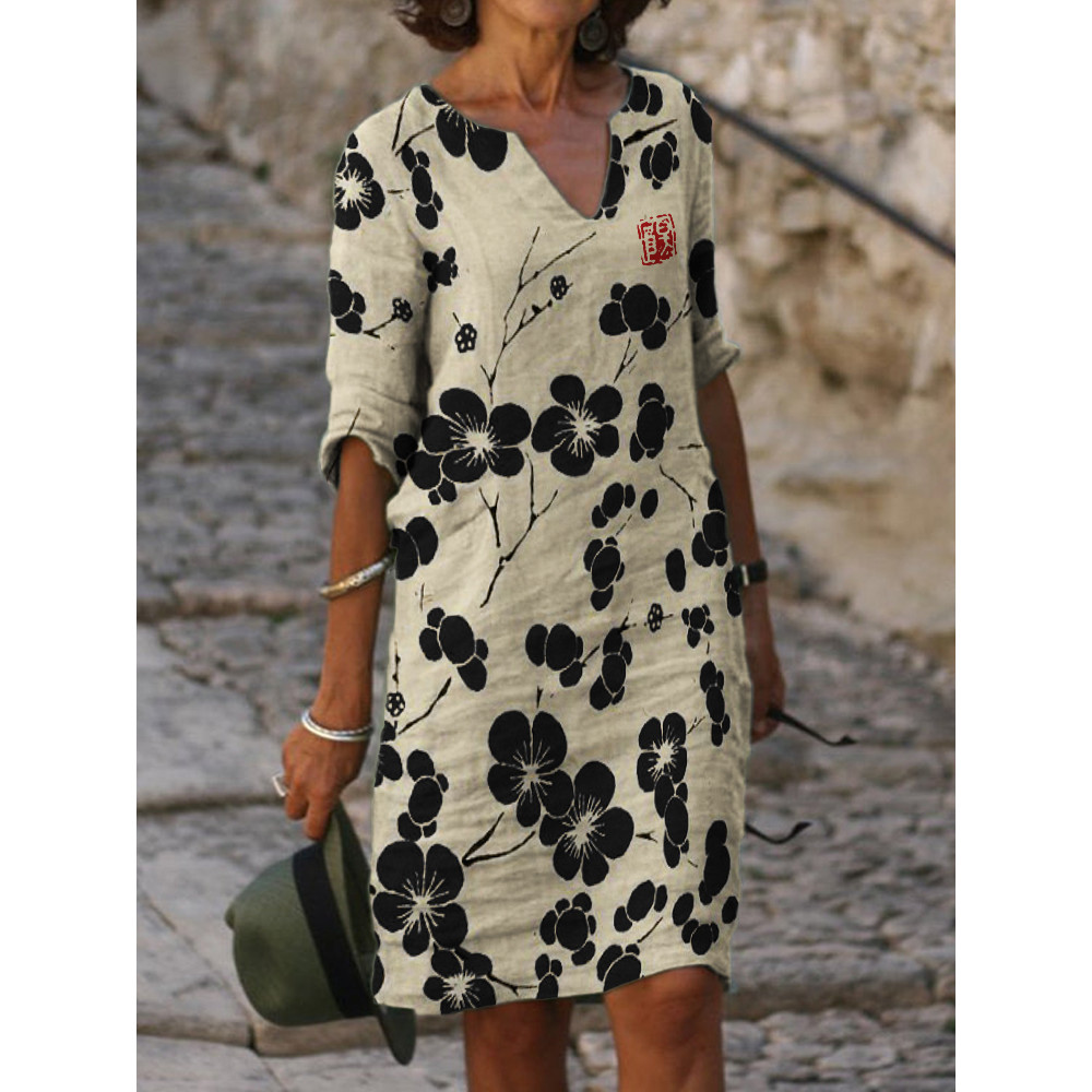 Cherry Blossom Japanese Lino Notch Neck Midi Dress