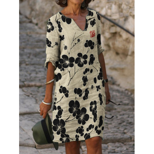 Cherry Blossom Japanese Lino Notch Neck Midi Dress