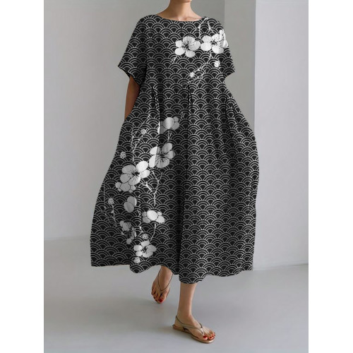Cherry Blossom Sea Waves Japanese Linen Blend Maxi Dress